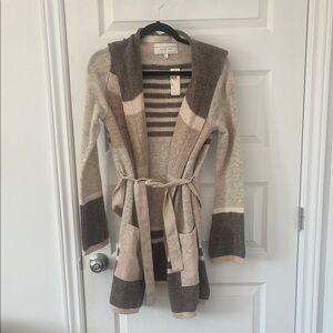 Angel of the North Neutral Stripe Belted Cardigan in Cream, Beige & Brown